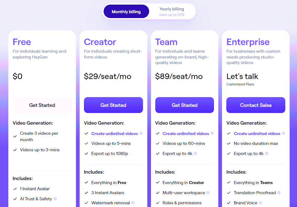 HeyGen pricing overview